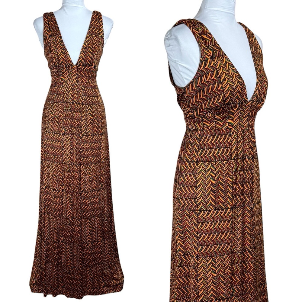NIEVES LAVI 100% Silk Jersey Maxi Dress Size 6 Psychedelic 70s Boho Print Plunge